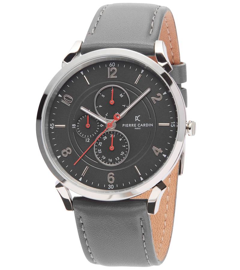 Pierre Cardin Herren Armband-Uhr mit Multi-Ziffernblatt analoge Quarz-Uhr mit Leder-Armband 3ATM 44mm CPI.2025 Grau/Silber von Pierre Cardin