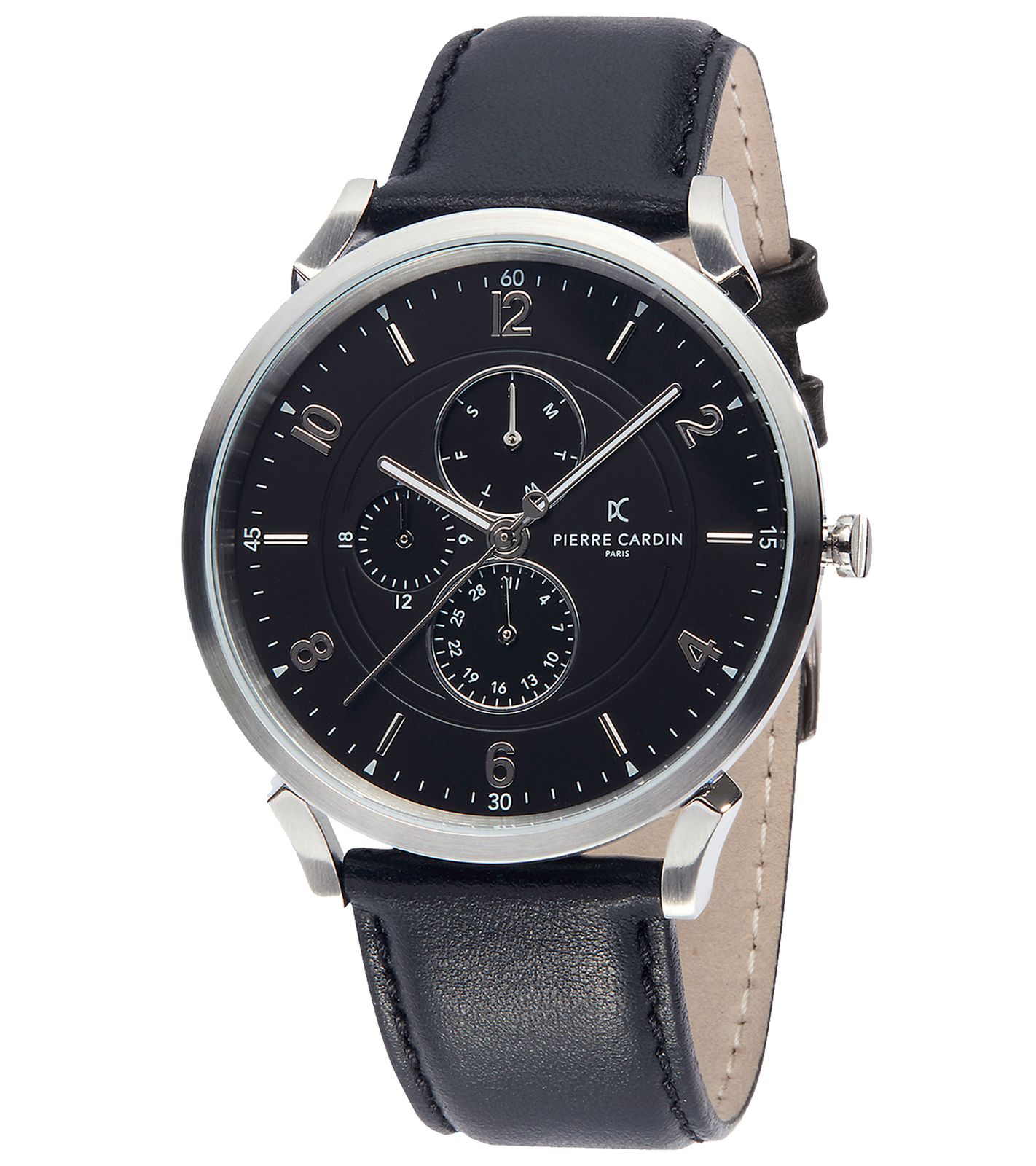 Pierre Cardin Herren Armband-Uhr mit Multi-Ziffernblatt analoge Quarz-Uhr mit Leder-Armband 3ATM 44mm CPI.2023 Schwarz/Silber von Pierre Cardin