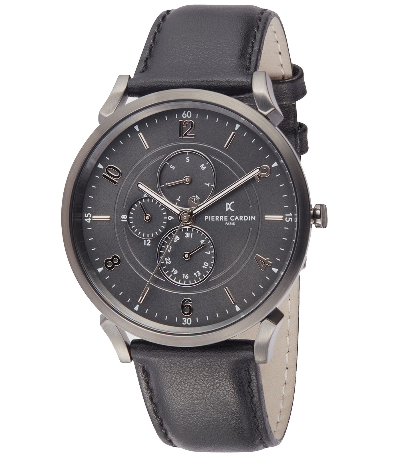Pierre Cardin Herren Armband-Uhr mit Multi-Ziffernblatt analoge Quarz-Uhr mit Leder-Armband 3ATM 44mm CPI.2024 Schwarz/Silber von Pierre Cardin