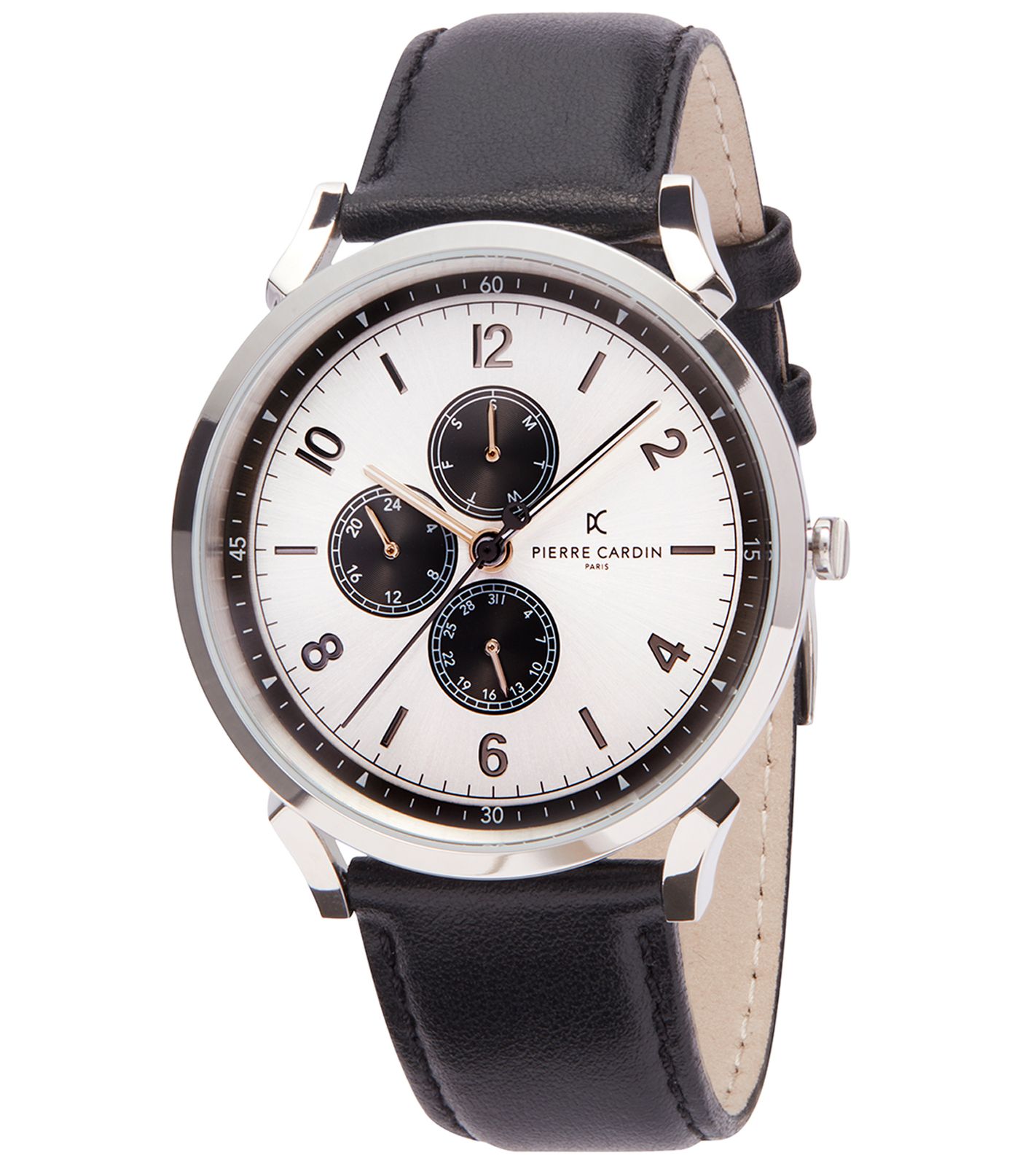Pierre Cardin Herren Armband-Uhr mit Multi-Ziffernblatt analoge Quarz-Uhr mit Leder-Armband 3ATM 44mm CPI.2029 Silber/Schwarz von Pierre Cardin