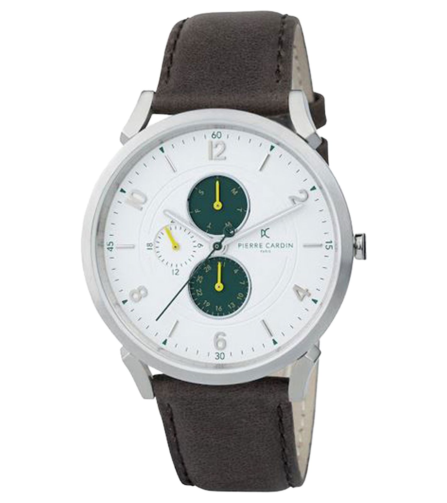 Pierre Cardin Herren Armband-Uhr mit Multi-Ziffernblatt analoge Quarz-Uhr mit Leder-Armband 3ATM 44mm CPI.2057 Silber/Braun/Grün von Pierre Cardin