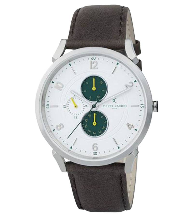 Pierre Cardin Herren Armband-Uhr mit Multi-Ziffernblatt analoge Quarz-Uhr mit Leder-Armband 3ATM 44mm CPI.2057 Silber/Braun/Grün von Pierre Cardin