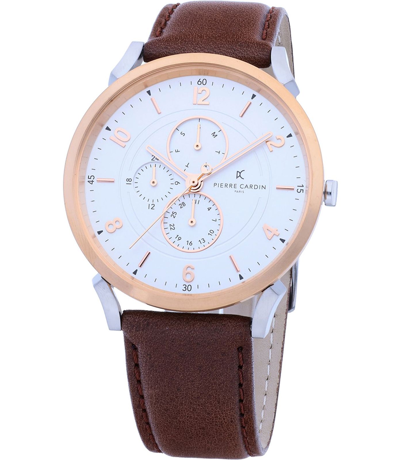 Pierre Cardin Herren Armband-Uhr mit Multi-Ziffernblatt analoge Quarz-Uhr mit Leder-Armband 3ATM 44mm CPI.2060 Braun/Rosegold/Silber von Pierre Cardin