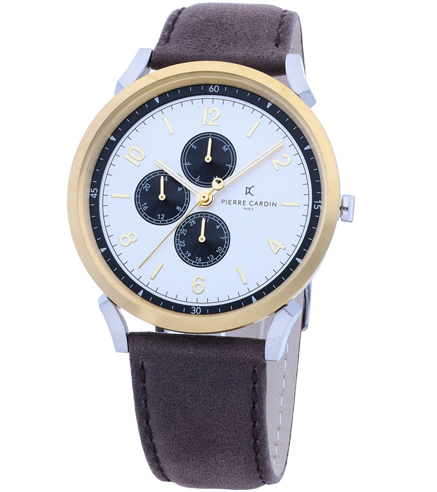 Pierre Cardin Herren Armband-Uhr mit Multi-Ziffernblatt analoge Quarz-Uhr mit Leder-Armband 3ATM 44mm CPI.2061 Braun/Gold/Silber von Pierre Cardin