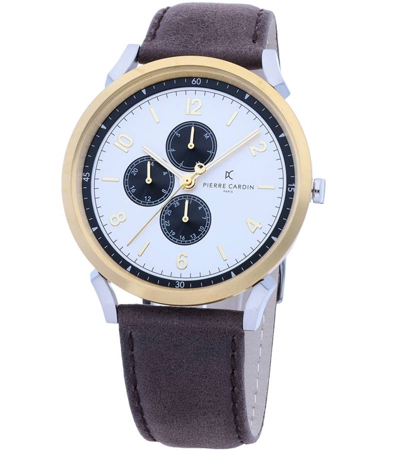 Pierre Cardin Herren Armband-Uhr mit Multi-Ziffernblatt analoge Quarz-Uhr mit Leder-Armband 3ATM 44mm CPI.2061 Braun/Gold/Silber von Pierre Cardin