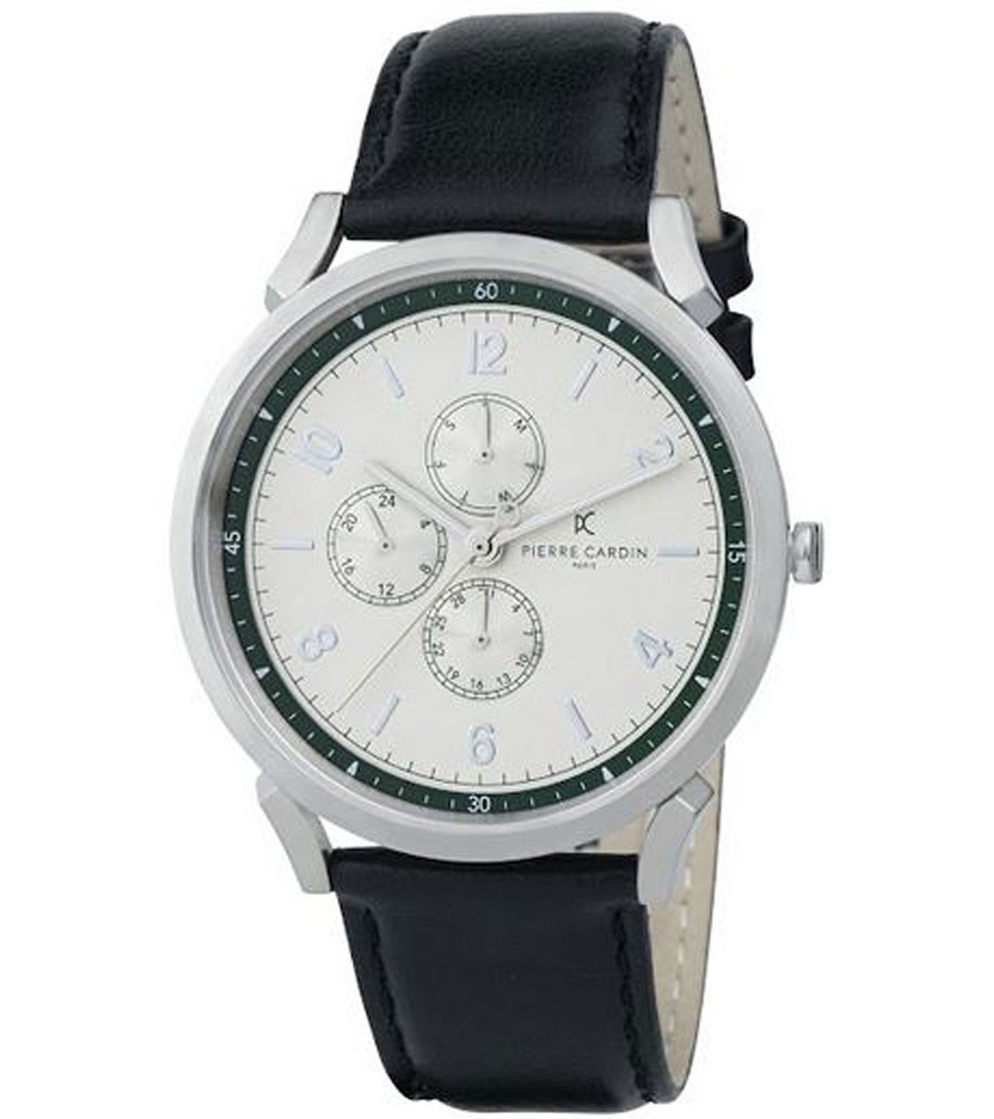 Pierre Cardin Herren Armband-Uhr mit Multi-Ziffernblatt analoge Quarz-Uhr mit Leder-Armband 3ATM 44mm CPI.2062 Schwarz/Silber/Grün von Pierre Cardin