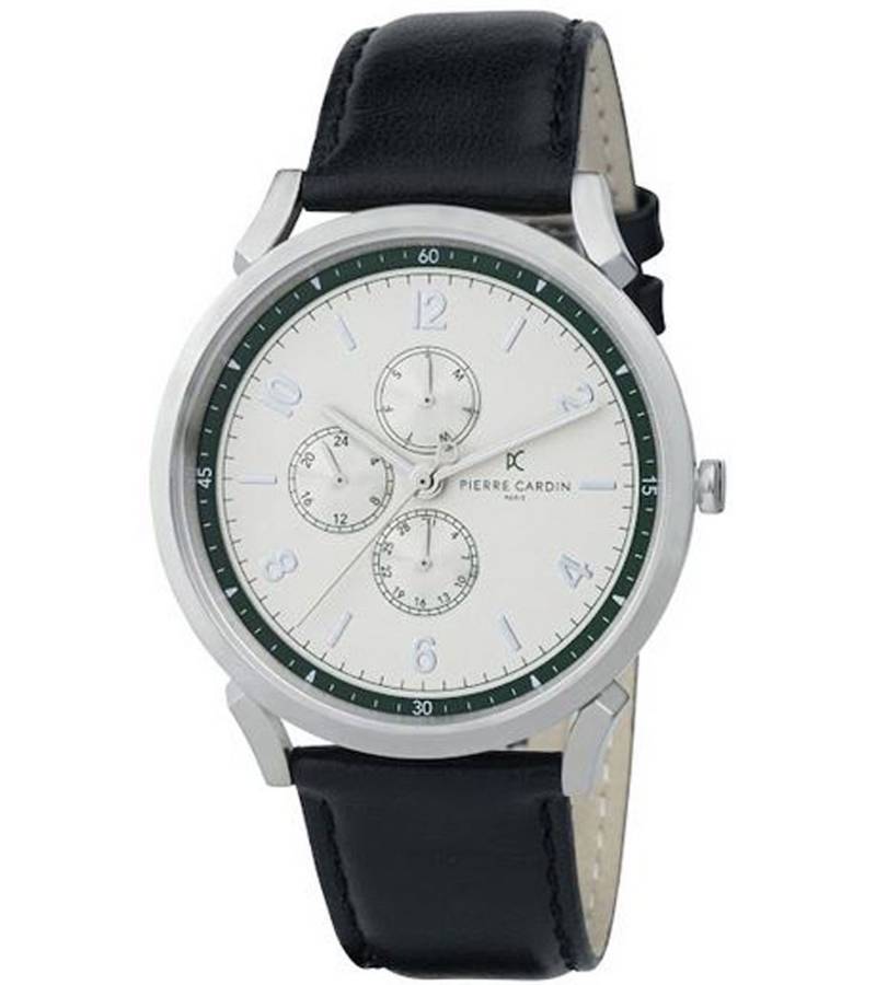 Pierre Cardin Herren Armband-Uhr mit Multi-Ziffernblatt analoge Quarz-Uhr mit Leder-Armband 3ATM 44mm CPI.2062 Schwarz/Silber/Grün von Pierre Cardin