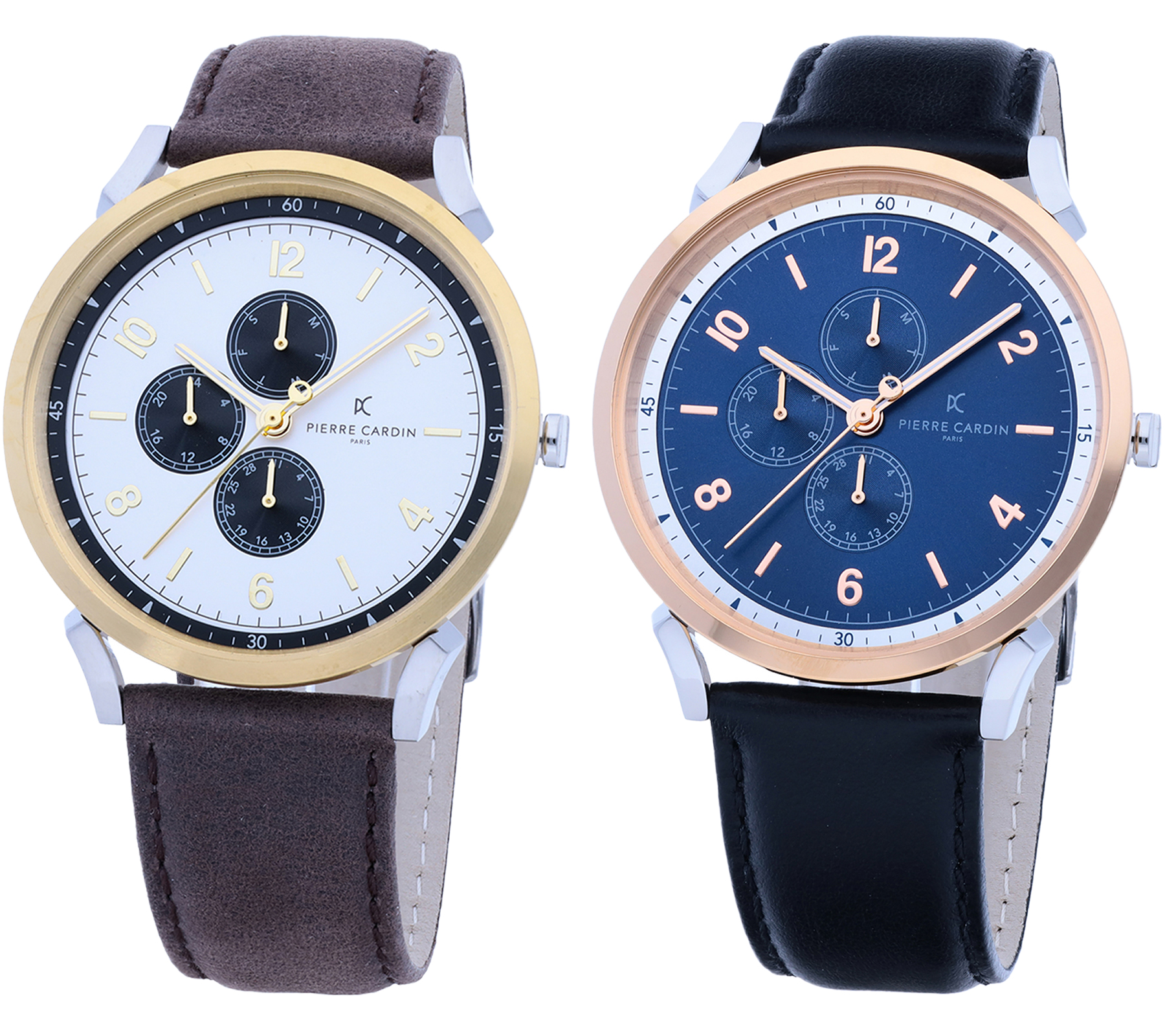 Pierre Cardin Herren Armband-Uhr mit Multi-Ziffernblatt analoge Quarz-Uhr mit Leder-Armband 3ATM 44mm in Braun/Gold/Silber oder Schwarz/Silber/Blau/Rosegold von Pierre Cardin