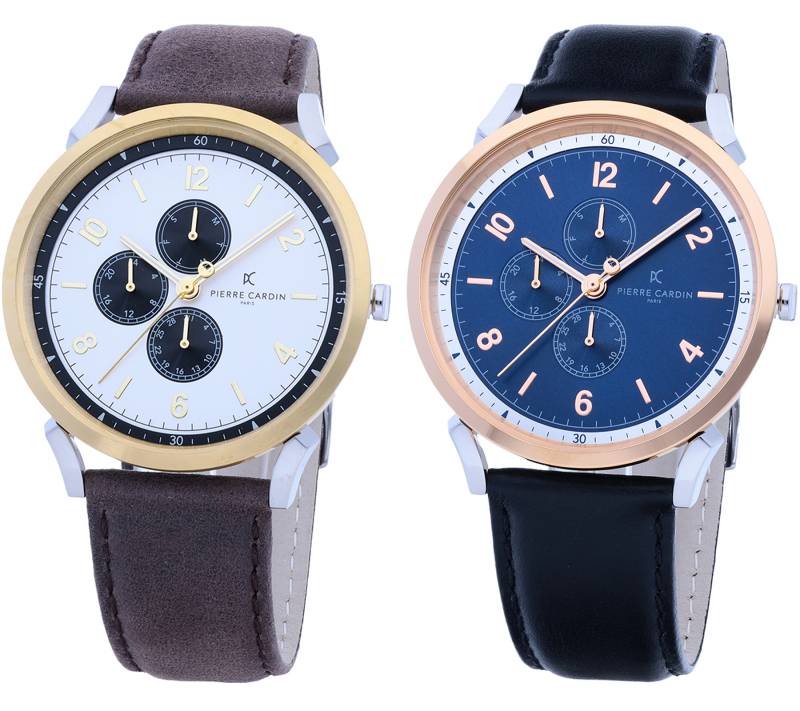 Pierre Cardin Herren Armband-Uhr mit Multi-Ziffernblatt analoge Quarz-Uhr mit Leder-Armband 3ATM 44mm in Braun/Gold/Silber oder Schwarz/Silber/Blau/Rosegold von Pierre Cardin