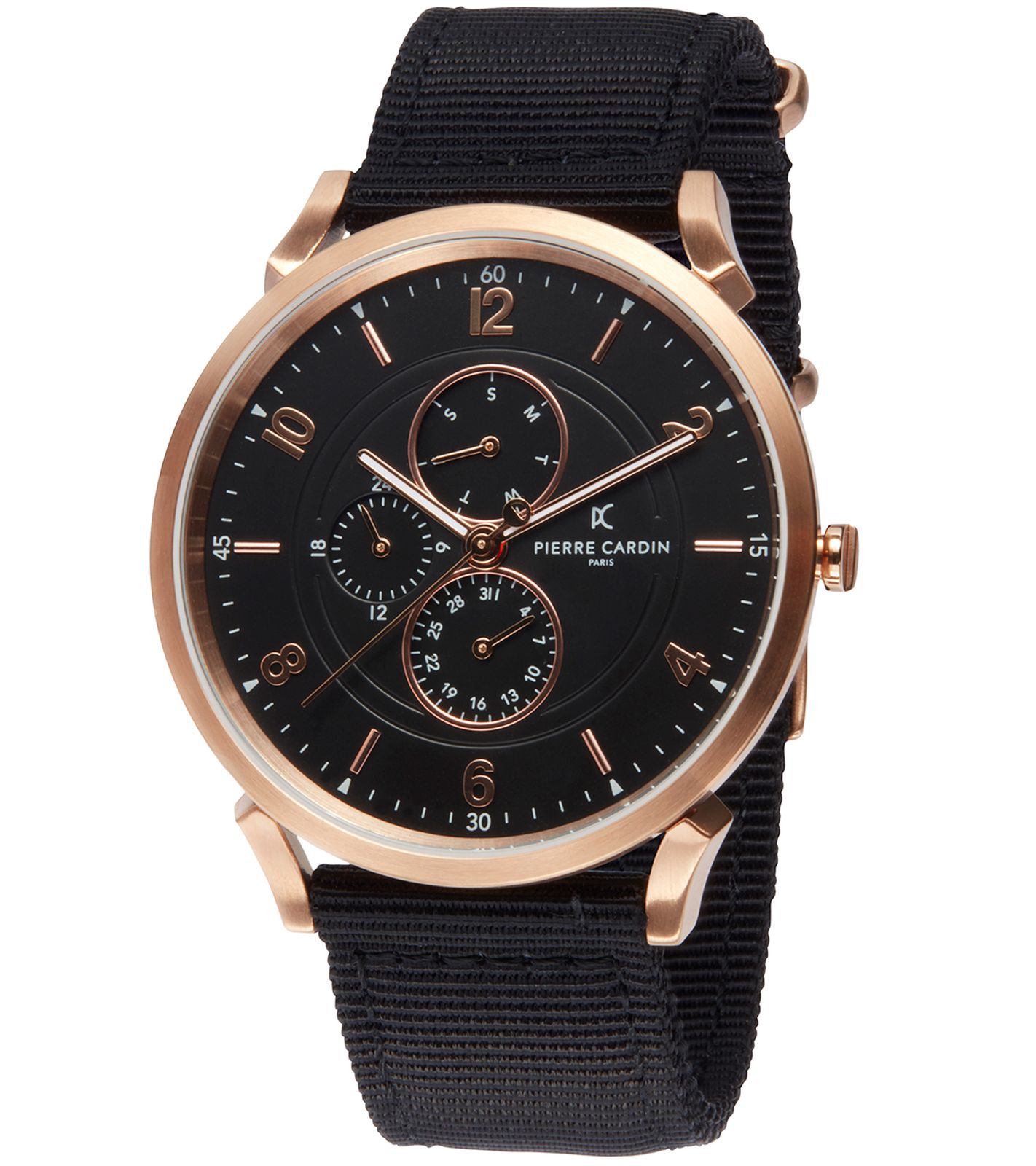 Pierre Cardin Herren Armband-Uhr mit Multi-Ziffernblatt analoge Quarz-Uhr mit Textil-Armband 3ATM 44mm CPI.2035 Schwarz/Kupfer von Pierre Cardin