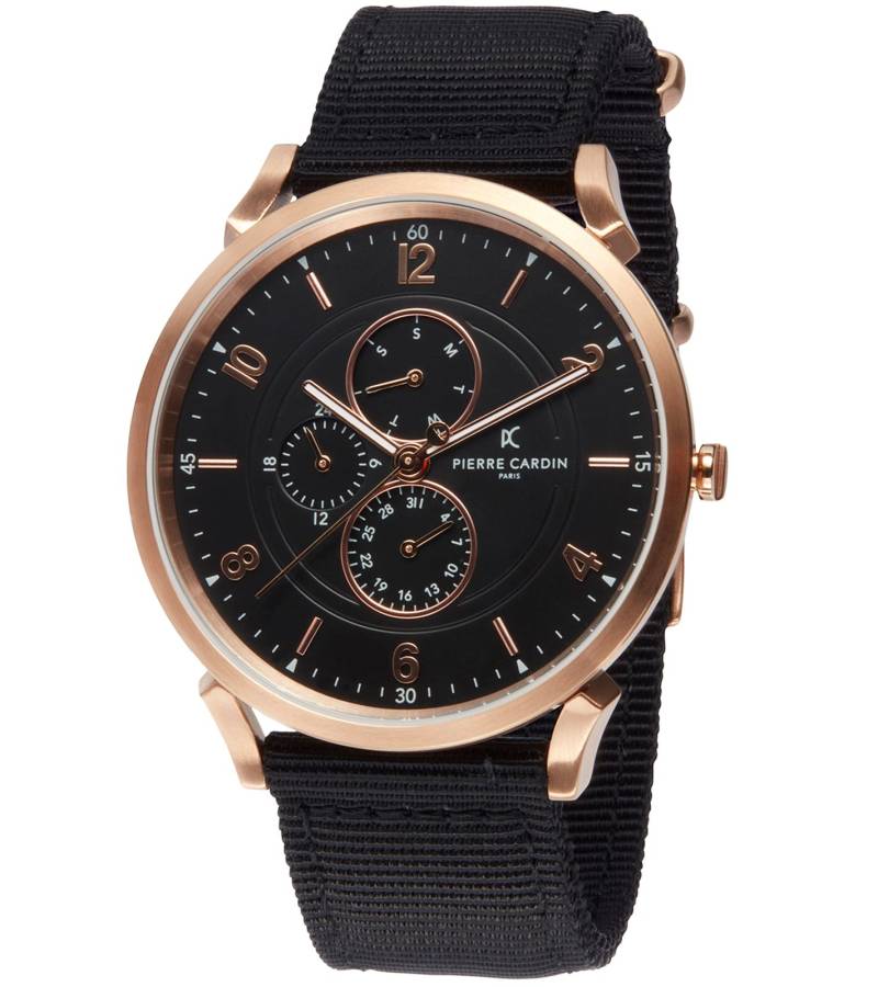 Pierre Cardin Herren Armband-Uhr mit Multi-Ziffernblatt analoge Quarz-Uhr mit Textil-Armband 3ATM 44mm CPI.2035 Schwarz/Kupfer von Pierre Cardin
