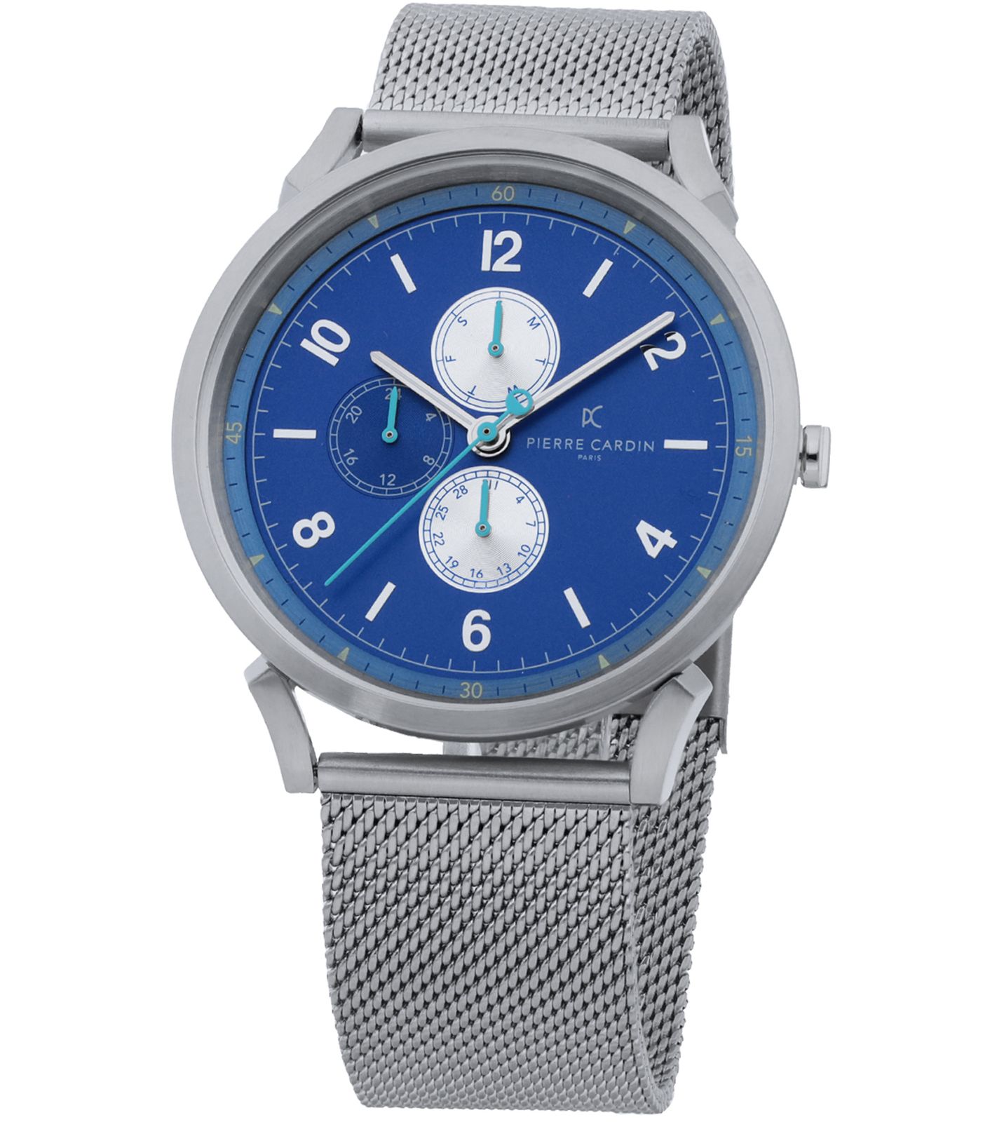 Pierre Cardin Herren Armband-Uhr mit Multi-Ziffernblatt und farblichen Akzenten analoge Quarz-Uhr mit Edelstahl-Armband 3ATM 44mm CPI.2064 Silber/Blau von Pierre Cardin