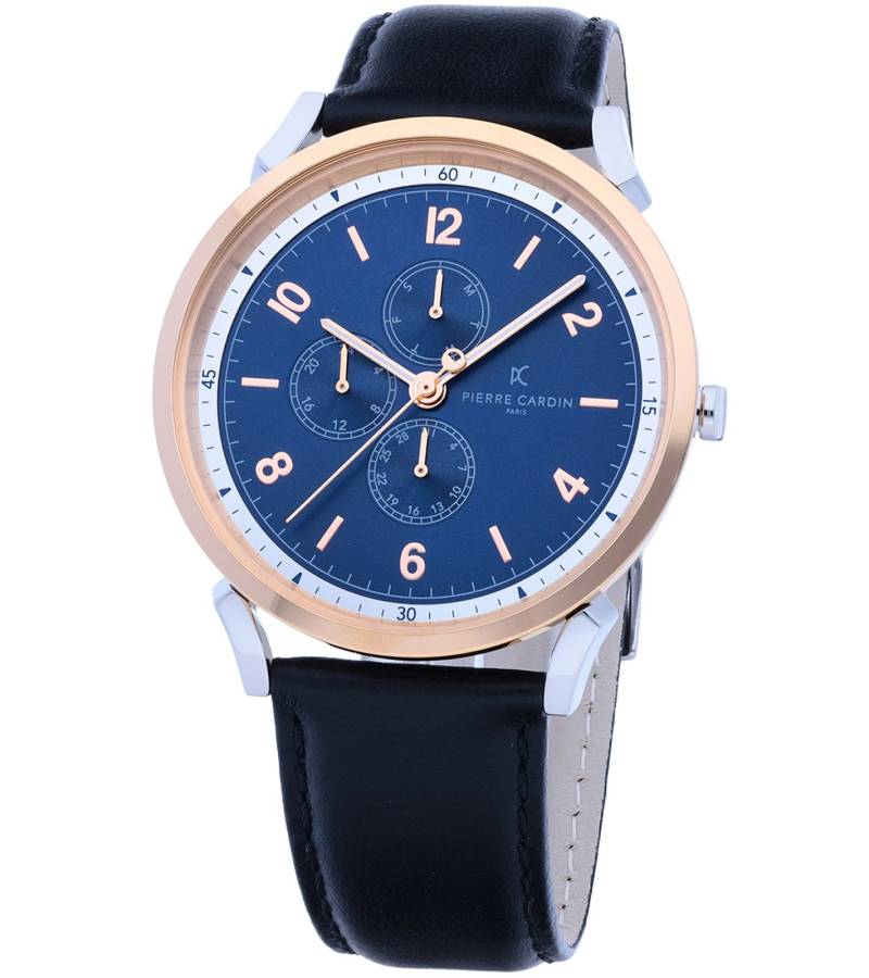 Pierre Cardin Herren Armband-Uhr mit farblichem Multi-Ziffernblatt analoge Quarz-Uhr mit Leder-Armband 3ATM 44mm CPI.2063 Schwarz/Silber/Blau/Rosegold von Pierre Cardin