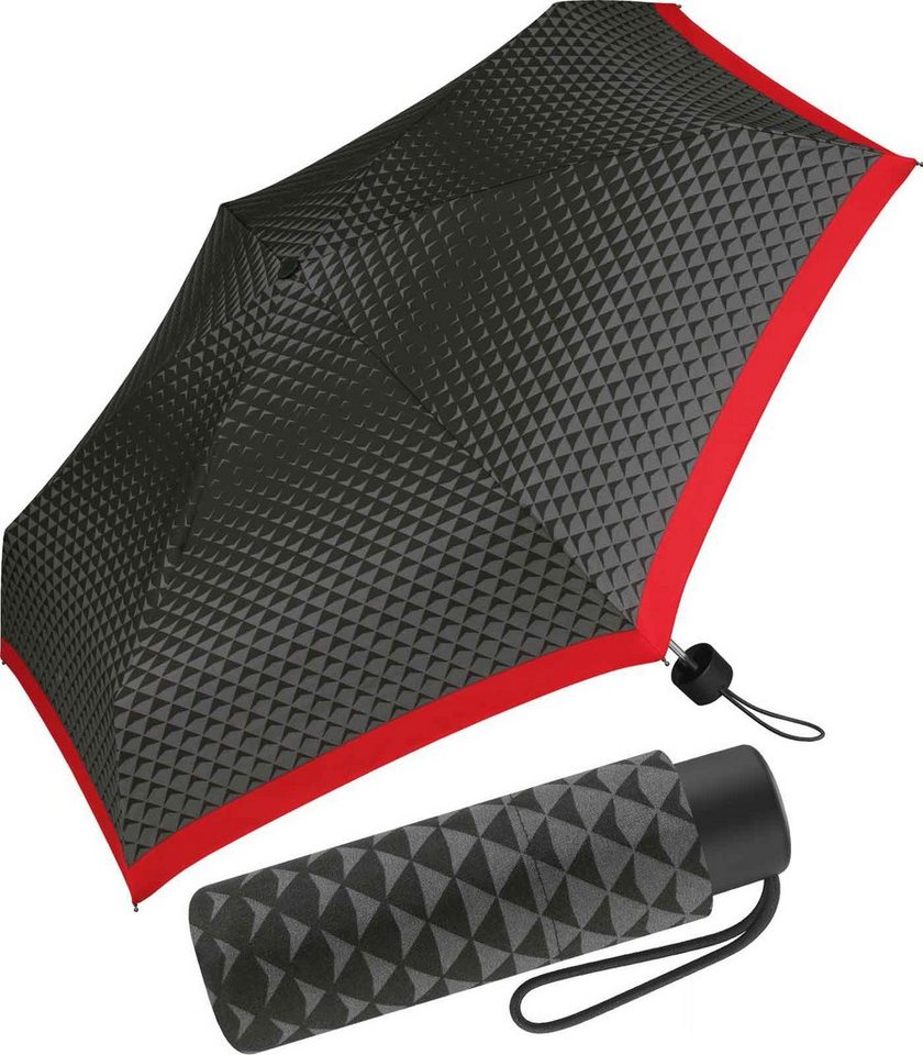 Pierre Cardin Langregenschirm winziger Damen-Taschenschirm mit Handöffner, mit Dreiecke-Muster und roter Borte von Pierre Cardin
