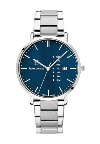 Pierre Lannier Herrenbox Data Silberfarbenes Zifferblatt Blau Braunes Lederarmband 20 MM von Pierre Lannier