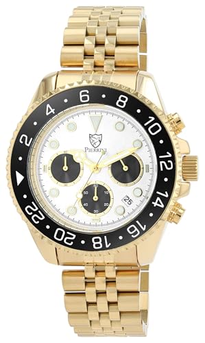 Pierrini Herren Chronograph Armbanduhr – Edelstahl Uhr mit Stoppuhr & Datumsanzeige – Quarzuhr sportlich elegant mit Leuchtzeigern & Geschenkbox – 3 ATM wasserdicht (Gold/Bicolor/Silber) von Pierrini