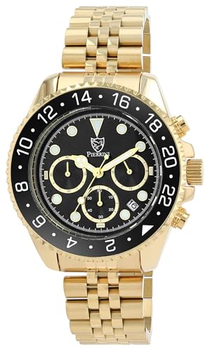 Pierrini Herren Chronograph Armbanduhr – Edelstahl Uhr mit Stoppuhr & Datumsanzeige – Quarzuhr sportlich elegant mit Leuchtzeigern & Geschenkbox – 3 ATM wasserdicht (Gold/schwarz/schwarz) von Pierrini