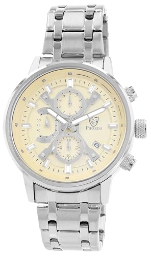Pierrini Herren Chronograph Armbanduhr – Edelstahl Uhr mit Stoppuhr & Datumsanzeige – Quarzuhr sportlich elegant mit Leuchtzeigern & Geschenkbox – 3 ATM wasserdicht (Silber/Beige) von Pierrini