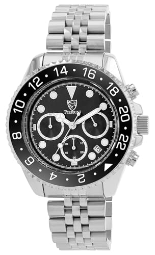 Pierrini Herren Chronograph Armbanduhr – Edelstahl Uhr mit Stoppuhr & Datumsanzeige – Quarzuhr sportlich elegant mit Leuchtzeigern & Geschenkbox – 3 ATM wasserdicht (Silber/Schwarz/Schwarz) von Pierrini