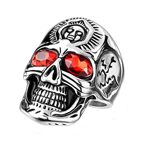 Herren Ring Edelstahl Massiv Breit Herrenring Freundschaftsring Biker Rocker Schädel mit roten Kristall Augen Stirnring Siegelring Silber Größe 72 (22.9) von Piersando