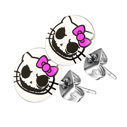 Piersando Ohrstecker Ohrringe Runde Kleine Stecker für Damen oder Kinder Silber mit Death Kitty Motiv von Piersando