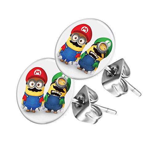 Piersando Ohrstecker Ohrringe Runde Kleine Stecker für Damen oder Kinder Silber mit Minions Super Mario Motiv von Piersando