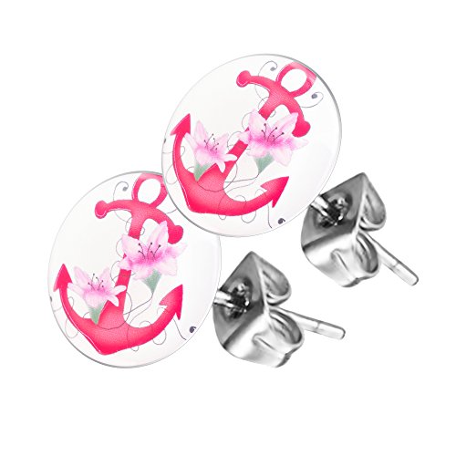 Piersando Ohrstecker Ohrringe Runde Kleine Stecker für Damen oder Kinder Silber mit pinker Anker Motiv von Piersando