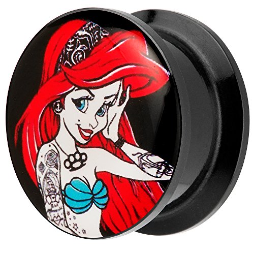 Piersando Ohr Plug Piercing Kunststoff Motiv Comic Picture Flesh Tunnel Ohrplug mit Tattoo Girl Arielle Schwarz Rot 18mm von Piersando