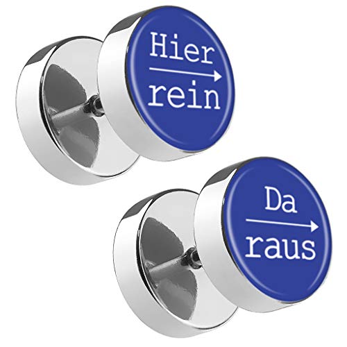 Piersando Damen Herren Ohrstecker mit runder Platte Doppel Kreis Ohrringe Fake Ohr Motiv Plug Piercing Spruch Hier rein Da Raus Blau 12mm von Piersando
