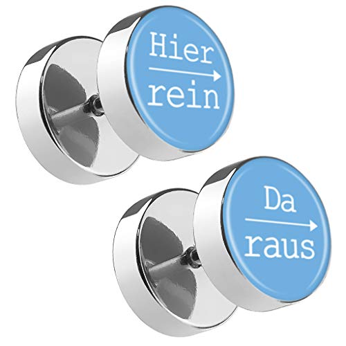 Piersando Damen Herren Ohrstecker mit runder Platte Doppel Kreis Ohrringe Fake Ohr Motiv Plug Piercing Spruch Hier rein Da Raus Hellblau 12mm von Piersando