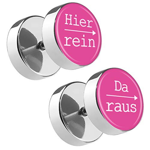 Piersando Damen Herren Ohrstecker mit runder Platte Doppel Kreis Ohrringe Fake Ohr Motiv Plug Piercing Spruch Hier rein Da Raus Pink 12mm von Piersando