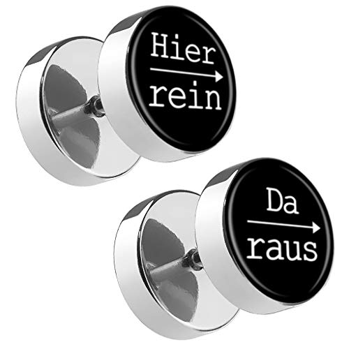 Piersando Damen Herren Ohrstecker mit runder Platte Doppel Kreis Ohrringe Fake Ohr Motiv Plug Piercing Spruch Hier rein Da Raus Schwarz 12mm von Piersando