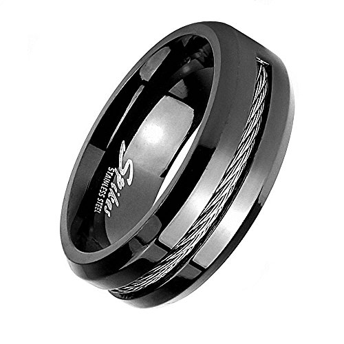 Piersando Herren Band Ring Edelstahl mit eingefassten Kabel Bandring Herrenring Partnerring Biker Rocker Schwarz Größe 70 (22.3) von Piersando