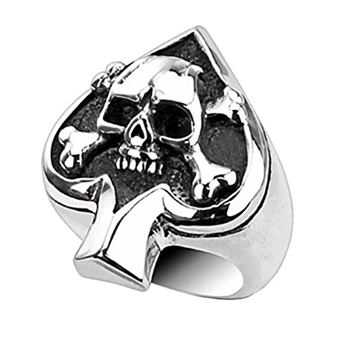 Piersando Herren Ring Edelstahl Biker Poliert Totenkopf mit Pik Ass Motiv Herrenring 31mm Breit Silber Größe 54 (17.2) von Piersando