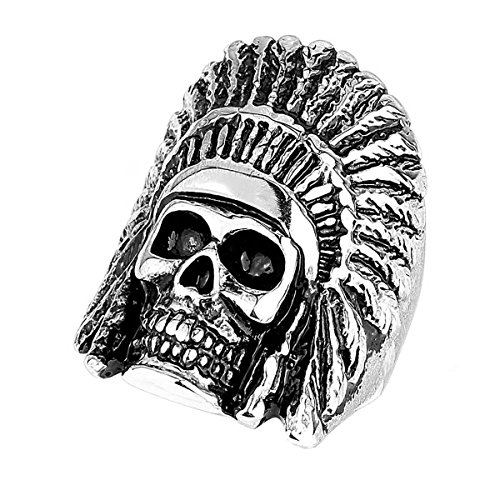 Piersando Herren Ring Edelstahl Biker Rocker Indianer Häuptling Totenkopf Männer Herrenring 26mm Breit Silber Größe 73 (23.2) von Piersando