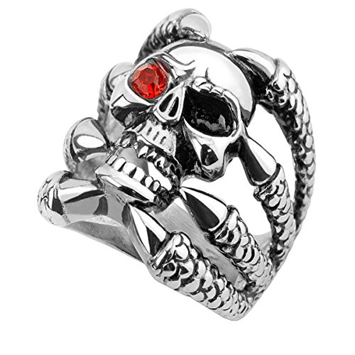 Piersando Herren Ring Edelstahl Biker mit XXL Totenkopf Klaue Kristall Auge Herrenring 22mm Breit Silber Rot Größe 69 (22.0) von Piersando