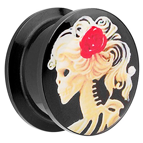 Piersando Ohr Plug Piercing Kunststoff Motiv Comic Picture Flesh Tunnel Ohrplug Schwarz mit Skeleton Mädchen Rose 8mm von Piersando