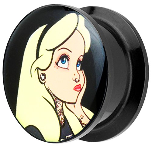 Piersando Ohr Plug Piercing Kunststoff Motiv Comic Picture Flesh Tunnel Ohrplug mit Blondes Mädchen Alice Schwarz Gelb 10mm von Piersando