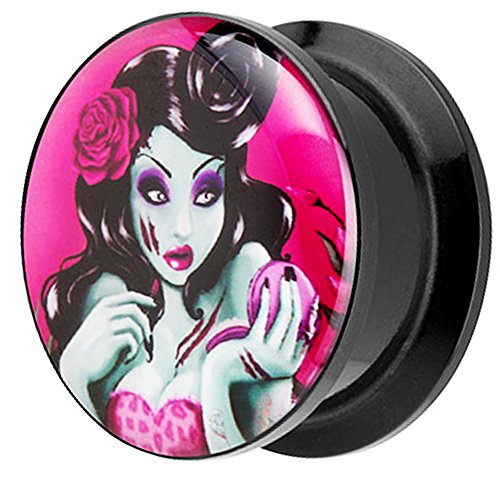 Piersando Ohr Plug Piercing Kunststoff Motiv Comic Picture Flesh Tunnel Ohrplug mit Dead Girl Rose Schwarz Pink 20mm von Piersando