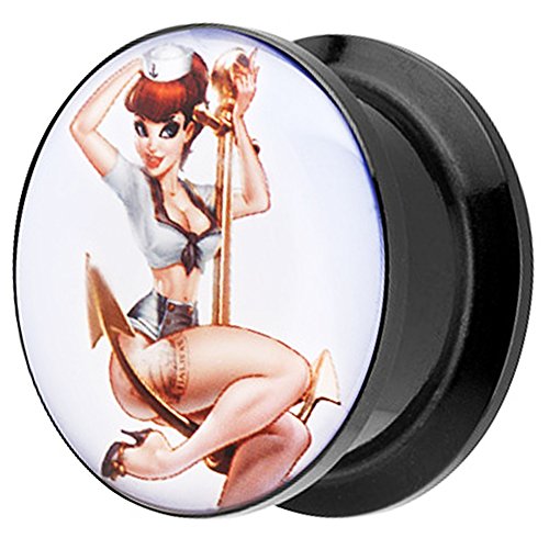 Piersando Ohr Plug Piercing Kunststoff Motiv Comic Picture Flesh Tunnel Ohrplug mit Matrosen Mädchen Anker Schwarz 16mm von Piersando