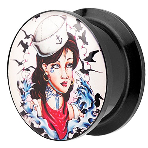 Piersando Ohr Plug Piercing Kunststoff Motiv Comic Picture Flesh Tunnel Ohrplug mit Matrosen Mädchen Maritim Schwarz Bunt 20mm von Piersando