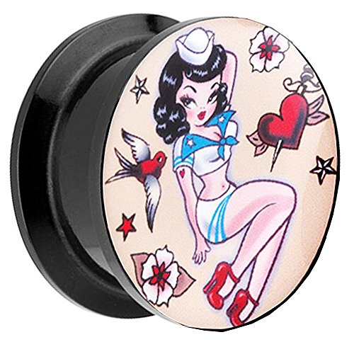 Piersando Ohr Plug Piercing Kunststoff Motiv Comic Picture Flesh Tunnel Ohrplug mit Matrosen Mädchen Maritim Schwarz8mm von Piersando
