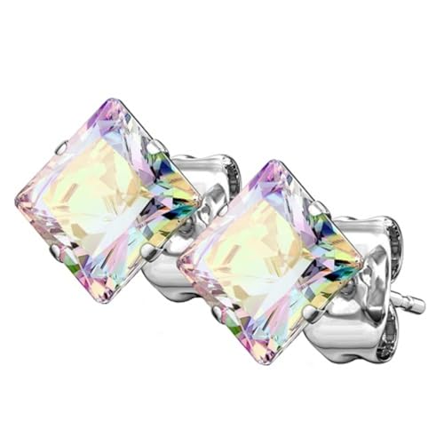 Piersando Ohrringe Edelstahl Zirkonia Quadrat quadratische Ohrstecker Kristall Strass Glitzer Steine Diamant Form Damen Herren 3mm Silber Rainbow von Piersando