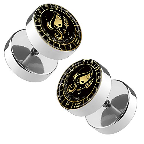 Piersando Ohrringe Fake Ohr Plug Flesh Tunnel Piercing Ohrstecker Stecker Stab Runde Platte mit Sternzeichen Motiv Tierkreiszeichen Silber Gold Jungfrau von Piersando