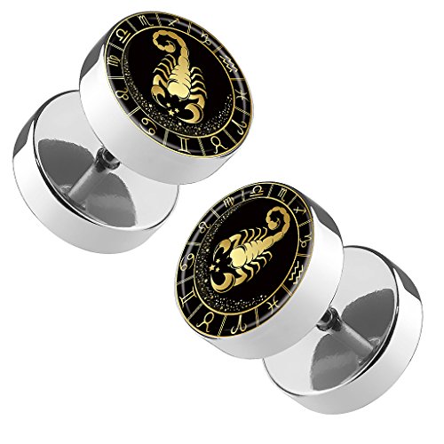 Piersando Ohrringe Fake Ohr Plug Flesh Tunnel Piercing Ohrstecker Stecker Stab Runde Platte mit Sternzeichen Motiv Tierkreiszeichen Silber Gold Skorpion von Piersando