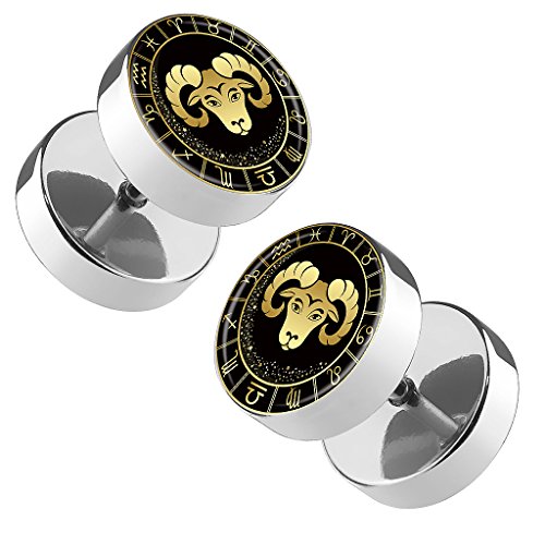 Piersando Ohrringe Fake Ohr Plug Flesh Tunnel Piercing Ohrstecker Stecker Stab Runde Platte mit Sternzeichen Motiv Tierkreiszeichen Silber Gold Widder von Piersando