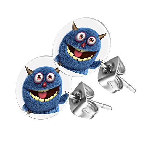 Piersando Ohrstecker Ohrringe Runde Kleine Stecker für Damen oder Kinder Silber mit Comic blaues Monster Motiv von Piersando