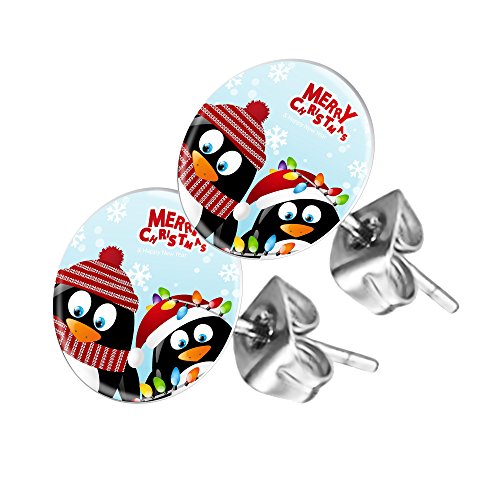 Piersando Ohrstecker Ohrringe Runde Kleine Stecker für Damen oder Kinder Silber mit Merry Christmas Penguine Motiv von Piersando