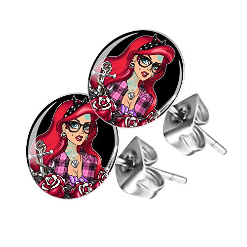 Piersando Ohrstecker Ohrringe Runde Kleine Stecker für Damen oder Kinder Silber mit Rockabilly Tattoo Girl Motiv von Piersando