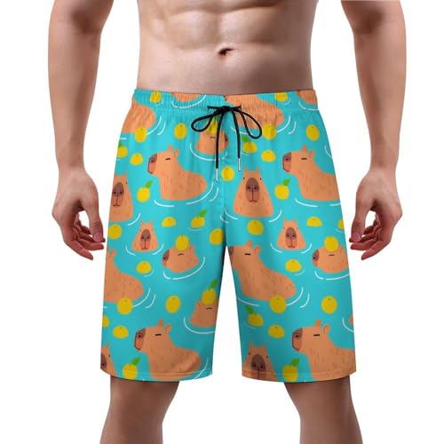 Herren-Badehose, schnelltrocknend, mit Netzfutter-Taschen, Süße Capybara Mandarinen Meer, S 7-9 von Pifeeny
